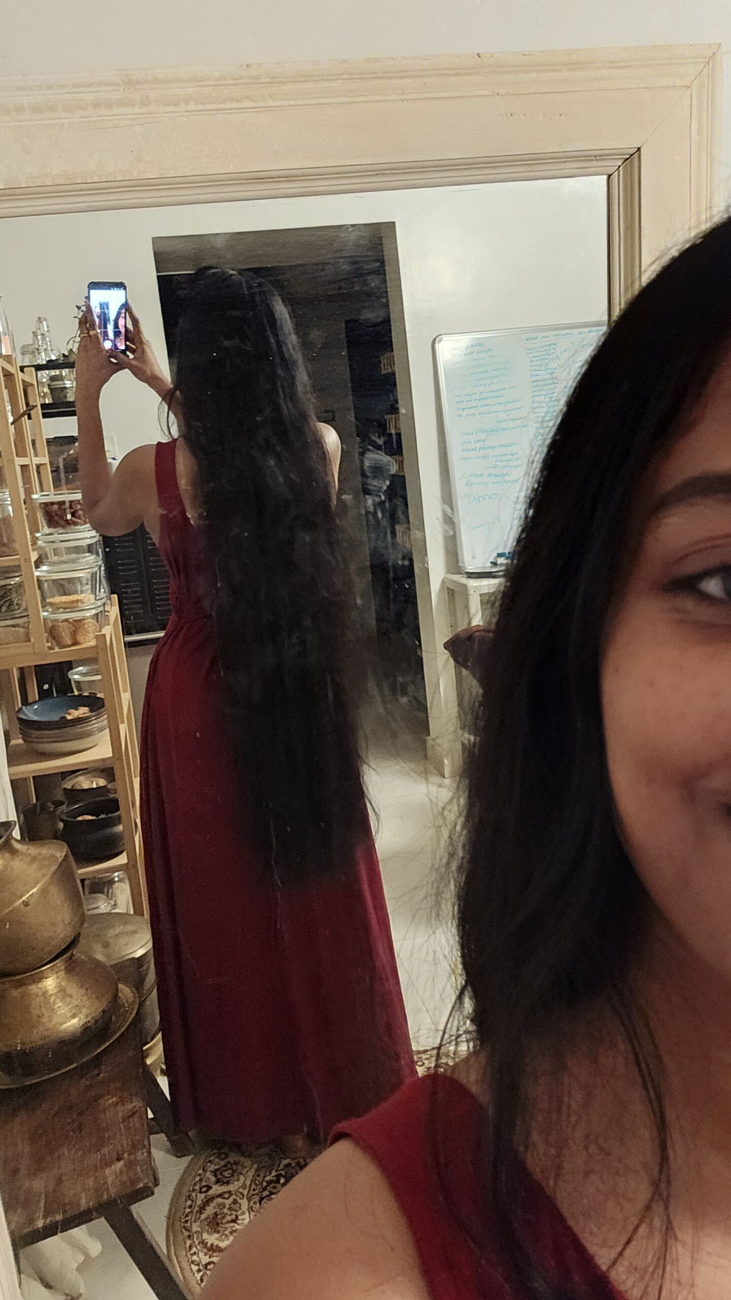 red maxi dress and my hair.