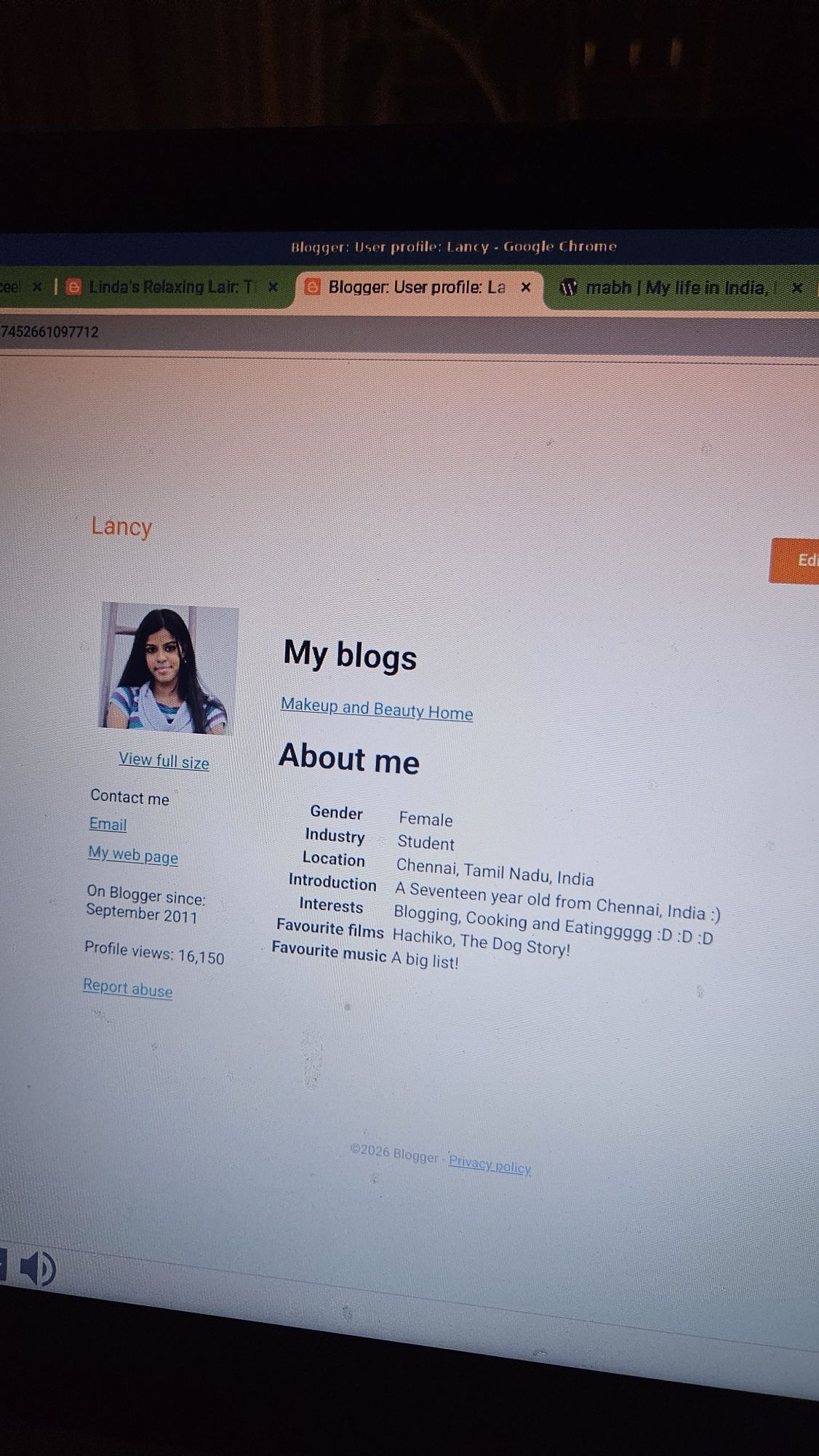 my blogger profile.. a view before updating it.. by lancy cv.